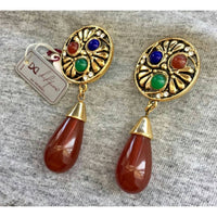 Pretty! NOS 80s Gianni De Liguoro Signed Earrings clip on Cabochon Goldtone dangle teardrop VTG chunky bold Amber Designer Couture RARE!