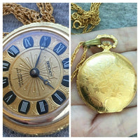 Designer Brichot necklace watch pocket etched Gold Tone analog Roman numerals vintage long 17 jeweled shockproof watch 70s RARE!