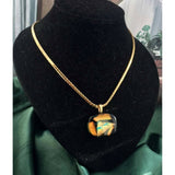 RARE! Anne Klein  Dichroic Glass Medallion Necklace Pendant 14 karat Gold plated Herringbone chain signed 80s Modernist Designer Couture