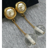 Wow! Robert Lee Morris Earrings Baroque Pearl Crystal ball pools of light drop dangle clip Gold-tone Runway Couture Designer Statement 80s