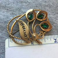 Pretty Vintage Floral Bouquet Green rhinestone BROOCH PIN gold tone scarf lapel Couture Designer hat embellishment