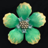 Spectacular! Designer green enamel brooch yellow Teal colored flower Floral VTG silver tone chunky large scarf pin hat purse adornment rare