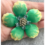 Spectacular! Designer green enamel brooch yellow Teal colored flower Floral VTG silver tone chunky large scarf pin hat purse adornment rare