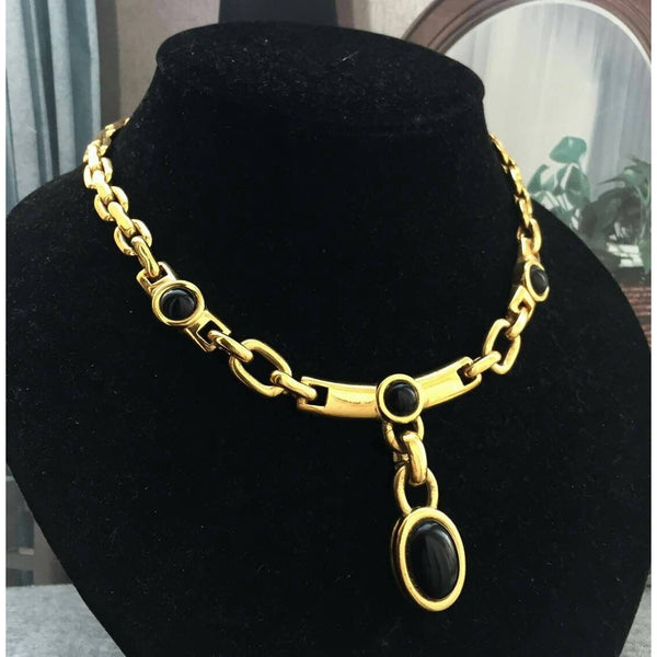 Chic! 80s Monet Bar Necklace Black Cabochon Choker Collar Statement  Gold tone Vintage Modernist Designer Runway Rare!