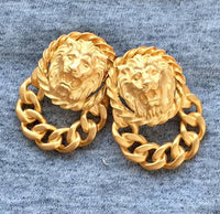 Vtg Anne Klein LION Door Knocker Earrings Pierced Matte Gold Tone Chunky