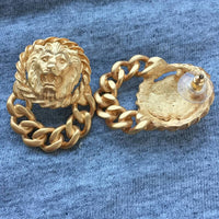 Vtg Anne Klein LION Door Knocker Earrings Pierced Matte Gold Tone Chunky