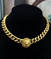 Chic! 1990’s Designer Anne Klein Lion Head Necklace shiny Cuban curb chain link Gold tone Choker statement Couture