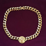 Vtg Designer Anne Klein Lion Head Necklace Cuban curb Gold tone Choker
