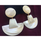 Wow Wendy Gell Earrings Signed Mother of PEARL shell art deco clip on Dangle Beach Modernist 80s Vintage Runway Couture Designer statement