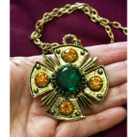Vintage Maltese Cross Green Amber Rhinestone Pendant Long Medallion Necklace
