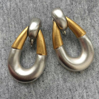 Iconic 1960s Crown trifari 2 tone Door Knocker Earrings matte silver gold tone hoop earrings dangle clip on  teardrop hoop Runway 60s mod