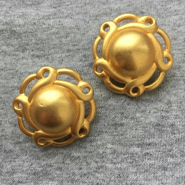 CHIC! Anne Klein Circle Earrings fancy detail frame Matte Gold Tone clip on Vintage Runway Couture designer