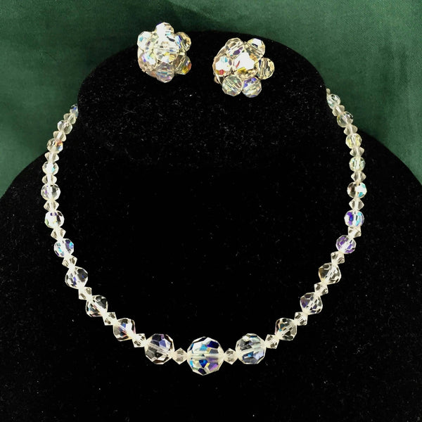 Vtg 1950s Crystal AB Aurora Borealis Necklace clip on earrings set multicolor Sparkly fractals Silvertone beaded Statement CLICK to VIEW!