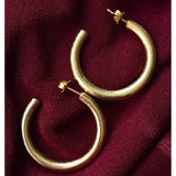 CLASSIC! Shiny Thick Gold plated HOOP Earrings Dangle Pierced Vintage 70s modernist 1 1/2" DESIGNER Quality Couture Style Runway Rare!