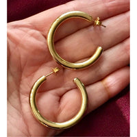 CLASSIC! Shiny Thick Gold plated HOOP Earrings Dangle Pierced Vintage 70s modernist 1 1/2" DESIGNER Quality Couture Style Runway Rare!