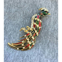 Colorful peacock bird Rhinestone BROOCH PIN enamel gold tone lapel figural animal statement Runway jewelry vintage Christmas green red