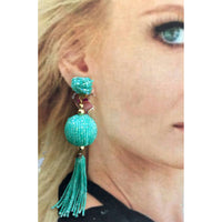 Wow! Aqua Beaded Ball Fringe EARRINGS blue tassel clip on Couture style designer quality