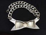 Vtg Bow Tie Necklace Silvertone Statement