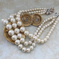 VTG Pearl Necklace Earrings Set Gold Tone M.JENT Designer BROOCH