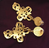 Brutalist Filigree Crucifix Pearl Cabochon Pierced Earrings Gold tone