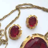 VTG Trifari Chain Mashup Red Glass Necklace Clip Earrings Set