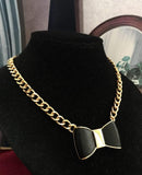 Black Bow tie Necklace Gold tone Cuban Chain