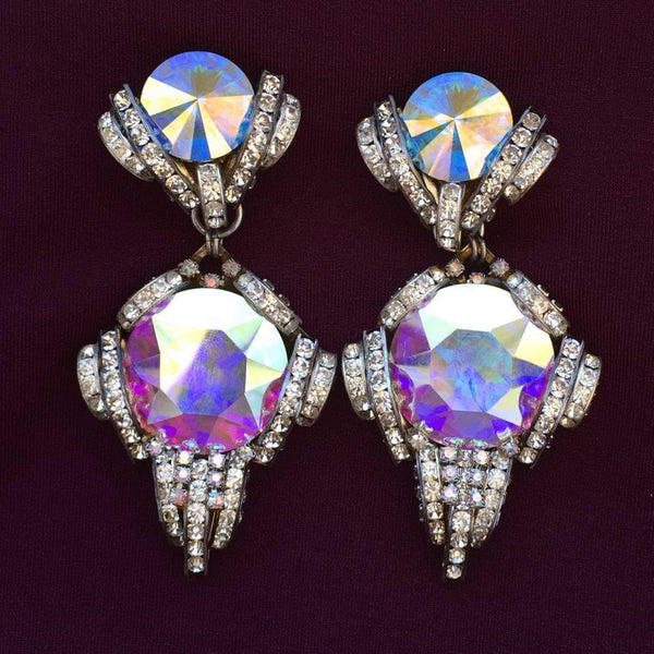 Magnificent Simone Edouard Vintage Aurora Borealis Waterfall Crystals Clip-on Earrings