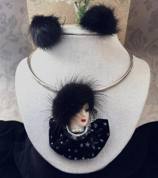 Vtg Mink Lady Choker Necklace Earrings Set Custom Creation!