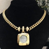 VTG 80s Ancient Roman Coin Necklace pendant Crystals Medallion Designer Choker Statement Gold tone