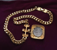 VTG 80s Ancient Roman Coin Necklace pendant Crystals Medallion Designer Choker Statement Gold tone