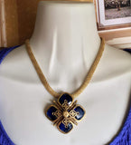 VTG Midnight Blue Maltese Cross gold tone Necklace