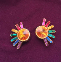 Vtg Colorful Rivoli Crystal Fan Clip-on Earrings