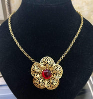 Miriam Haskell Filigree Flower Red Cabochon Necklace Signed