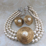 VTG Pearl Necklace Earrings Set Gold Tone M.JENT Designer BROOCH