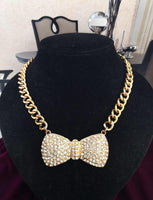 Fabulous Vintage Bow tie Crystal Necklace Gold tone with Cuban Chain