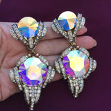 Magnificent Simone Edouard Vintage Aurora Borealis Waterfall Crystals Clip-on Earrings