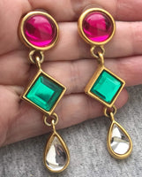 VTG Pink Cabochon Green Faceted Acrylic Crystal Teardrop Earrings pierced