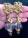 Vintage French Lucite Gold Tone Art Nouveau Long Clip Earrings