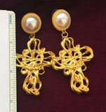Brutalist Filigree Crucifix Pearl Cabochon Pierced Earrings Gold tone