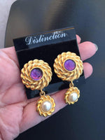 Lovely PURPLE Cabochon Gripoix Rope Pearl Dangle Clip on Earrings