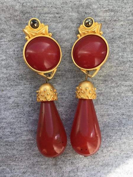 Vtg Leslie Block Gemstone Etruscan Earrings