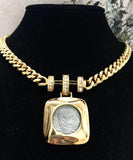 VTG 80s Ancient Roman Coin Necklace pendant Crystals Medallion Designer Choker Statement Gold tone