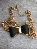 Black Bow tie Necklace Gold tone Cuban Chain