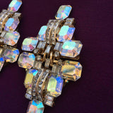 Magnificent Simone Edouard Vintage Aurora Borealis Diamond Pattern Crystals Clip-on Earrings