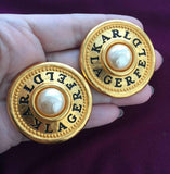 VINTAGE KARL LAGERFELD DESIGNER PEARL LOGO EARRINGS