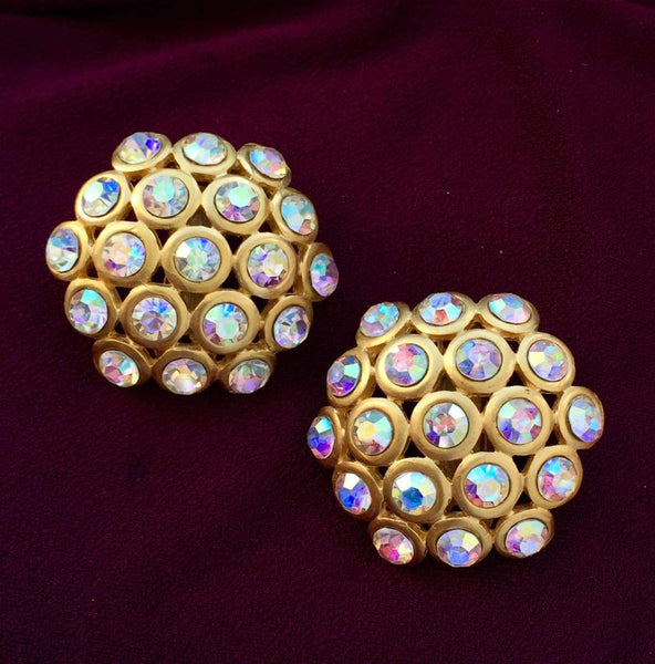 Vintage Signed Craft Aurora Borealis Crystal Button Clip-on Earrings