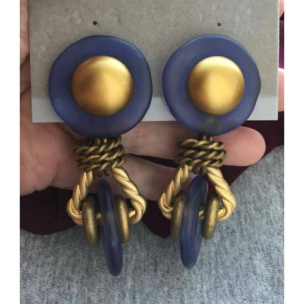 Wow! Blue lucite Eclectic Hoop Dangle Earrings Chunky vintage Industrial rope mogul gold tone clip-on Runway 80s statement Couture Style