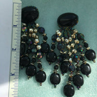 Rare! NOS Runway Black Beaded Cabochon Waterfall Fringe Earrings Chunky Funky Statement Long BOLD 80s Couture Style pierced artisan rare!