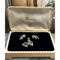Exquisite 1940s Designer KREMENTZ Screw Back Earrings Pendant Demi Set in Box Art Deco rhinestone crystals rhodium statement Couture RARE!