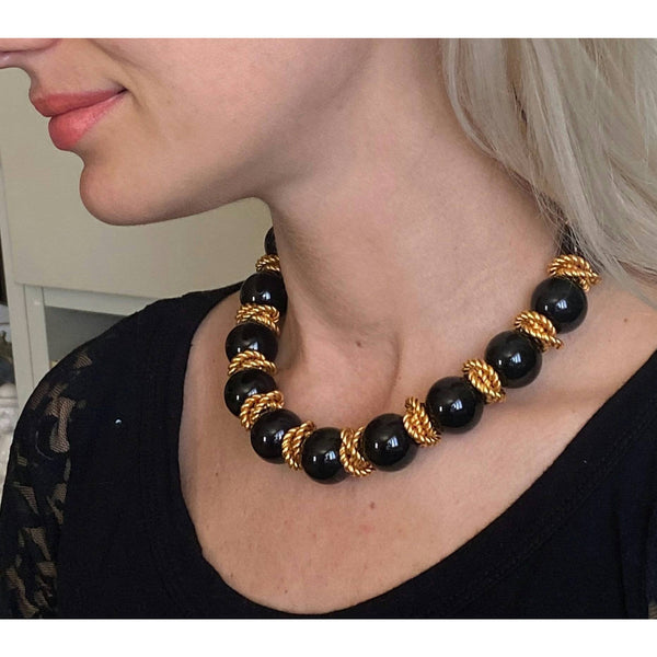 STUNNING! Anne Klein Black Glass PEARL Necklace chunky gold tone knotted stations large Choker Wedding Bride Prom 1980s designer Couture 18"